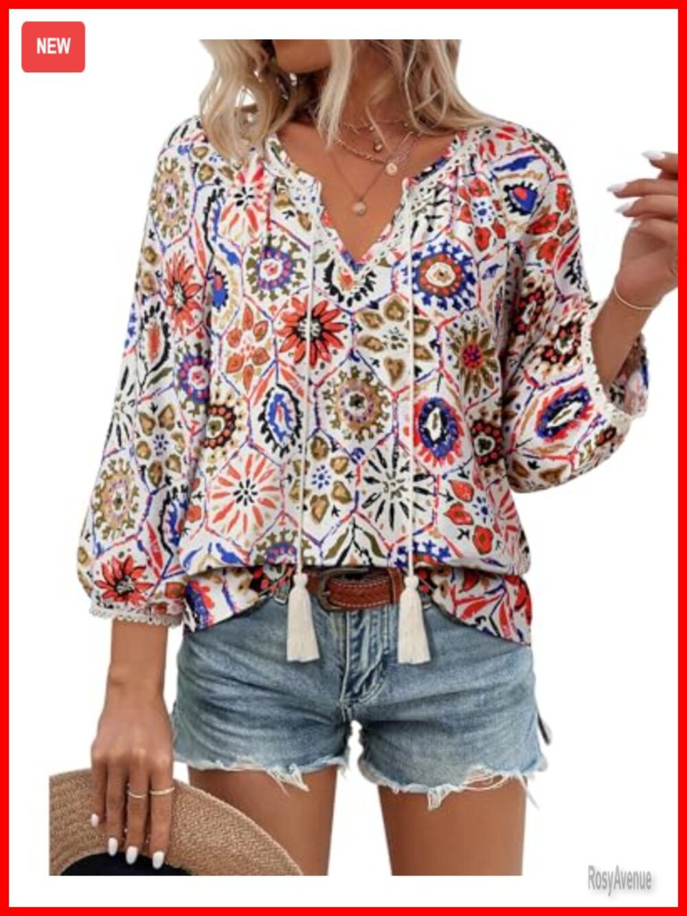 Women's Boho Floral V-Neck 3/4 Sleeve Blouse Flowy Peasant Top